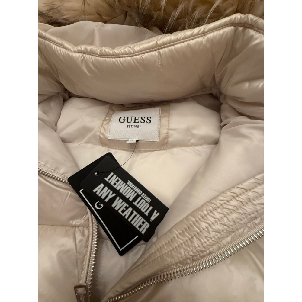 GUESS Beige Cream Puffer Jacket with Faux Fur Hood, Size M NWT - Picture 14 of 16